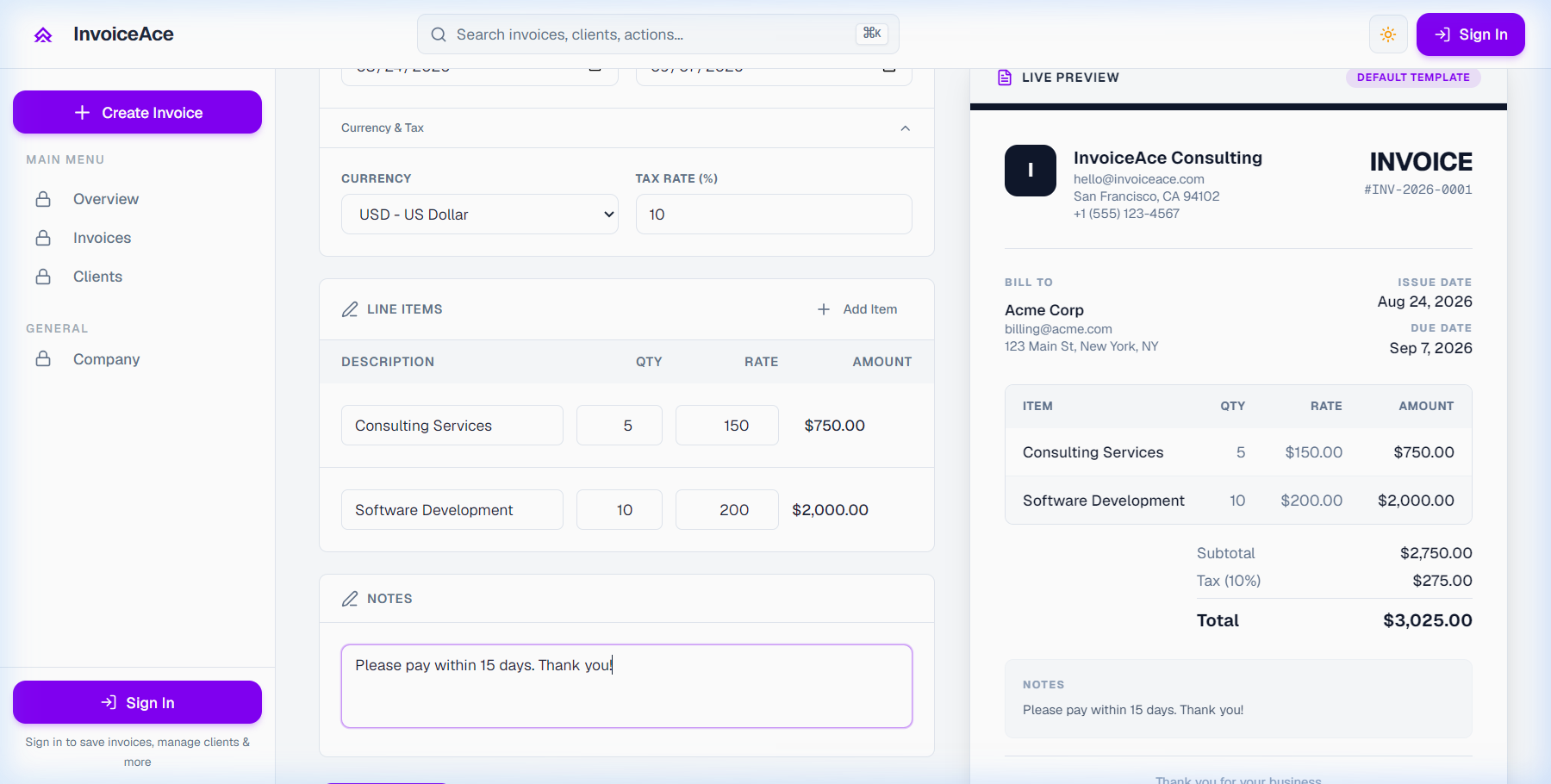 Adding Payment Terms and Custom Client Notes